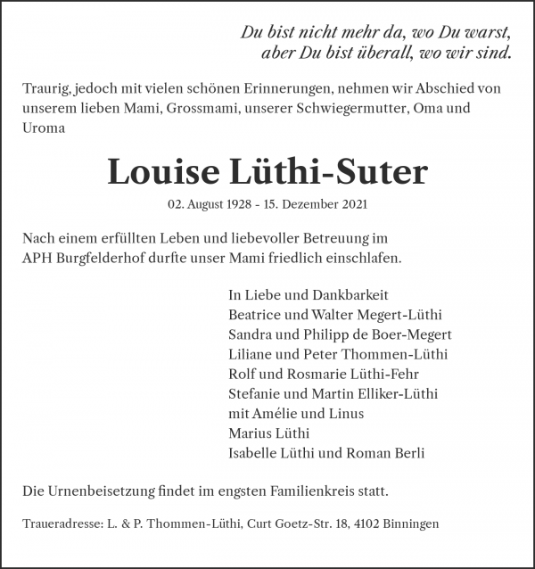 Avis de décès de Louise Lüthi-Suter, Basel