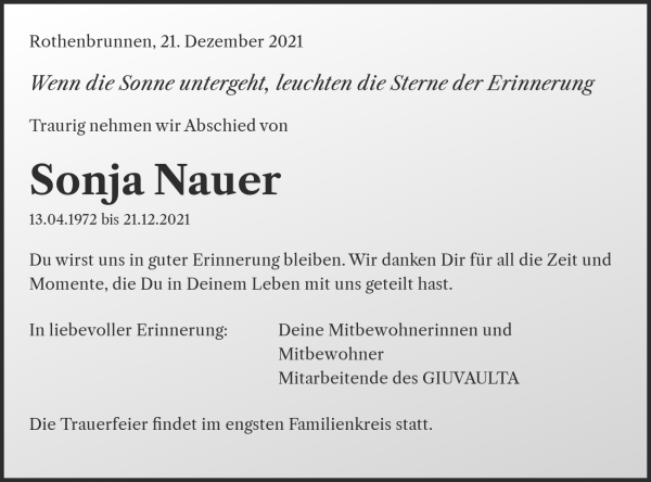 Avis de décès de Sonja Nauer, Rothenbrunnen