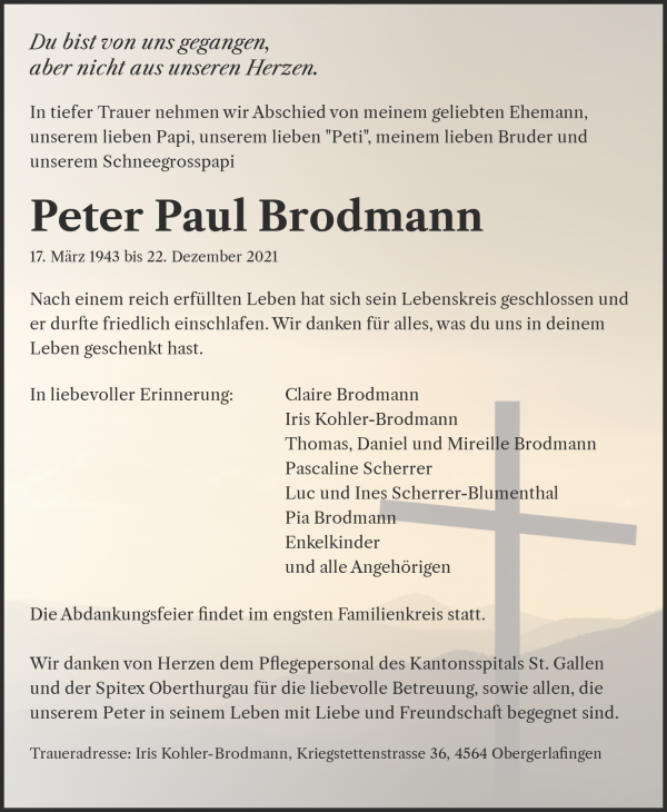Todesanzeige von Peter Paul Brodmann, Hauptwil