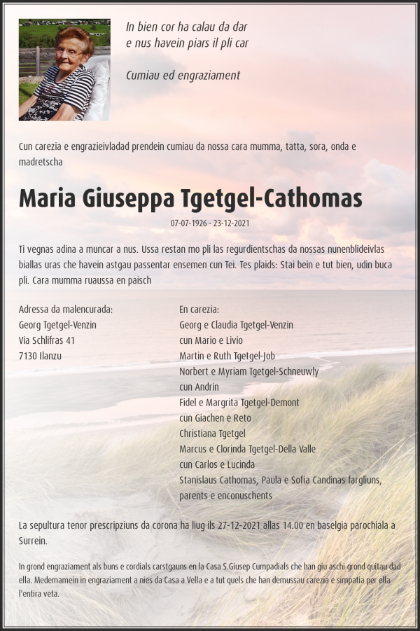 Avis de décès de Maria Giuseppa Tgetgel-Cathomas, Cumpadials