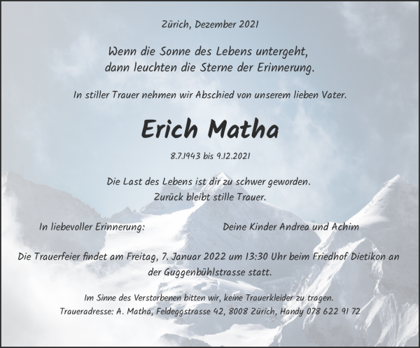 Obituary Erich Matha, Birmenstorf