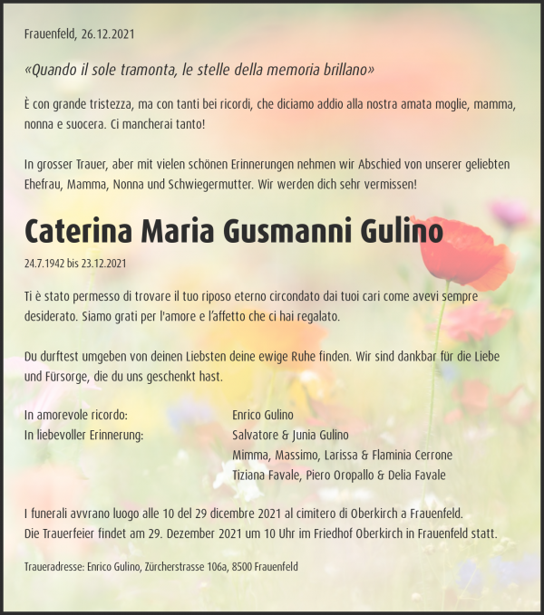 Avis de décès de Caterina Maria Gusmanni Gulino, Frauenfeld