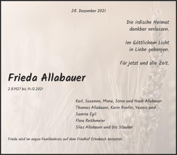 Avis de décès de Frieda Allabauer, Erlenbach