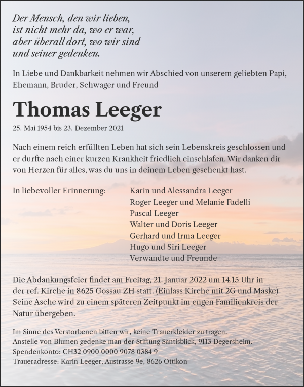 Avis de décès de Thomas Leeger, Ottikon