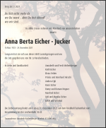 Obituary Anna Berta Eicher - Jucker, Altersheim Bluemenau Bauma