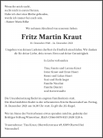 Todesanzeige Fritz Martin Kraut, Nürensdorf