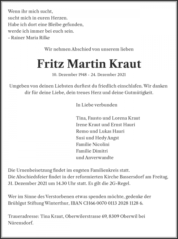 Avis de décès de Fritz Martin Kraut, Nürensdorf