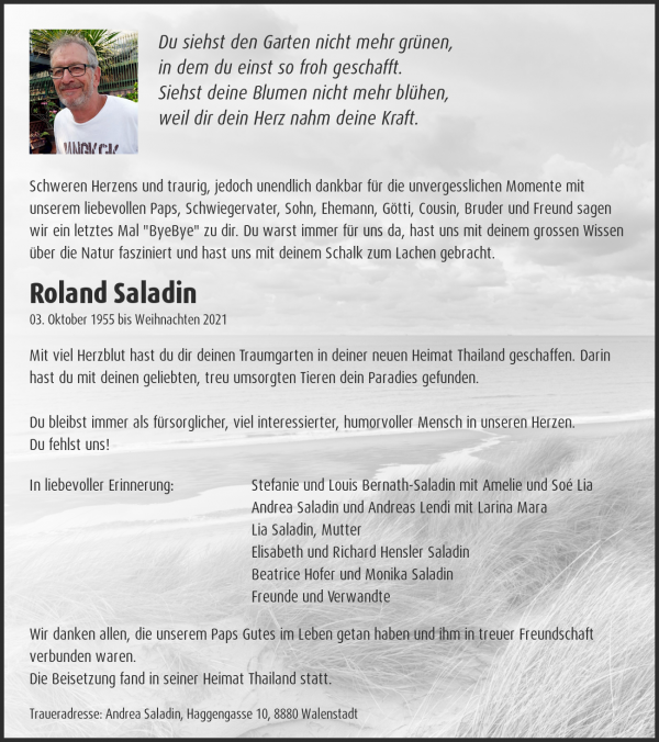 Avis de décès de Roland Saladin, Walzenhausen