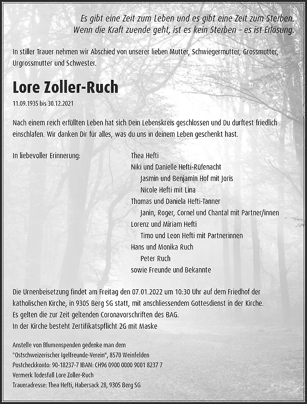 Avis de décès de Lore Zoller-Ruch, Berg