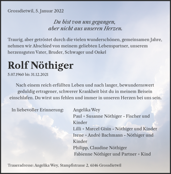 Todesanzeige von Rolf Nöthiger, Grossdietwil