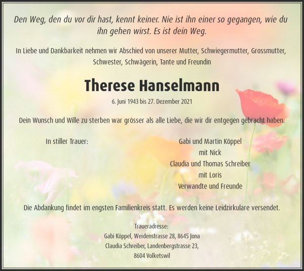 Todesanzeige von Therese Hanselmann, Urdorf