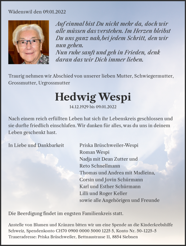 Todesanzeige von Hedwig Wespi, Wädenswil