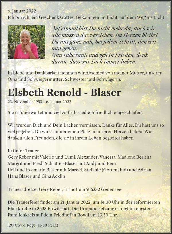 Avis de décès de Elsbeth Renold - Blaser, Inwil