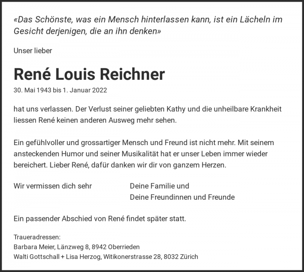 Avis de décès de René Louis Reichner, Zollikerberg