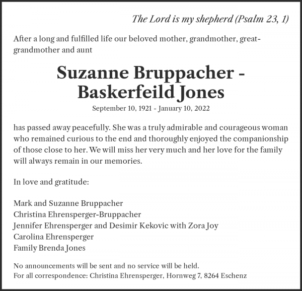 Avis de décès de Suzanne Bruppacher -Baskerfeild Jones, Zollikerberg