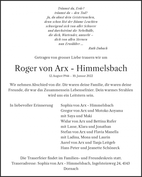 Avis de décès de Roger von Arx - Himmelsbach, Dornach