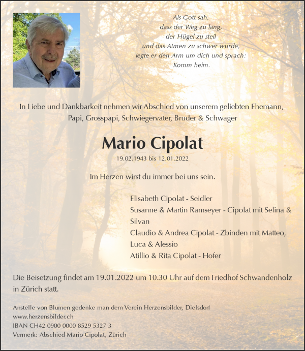 Obituary Mario Cipolat, Zürich