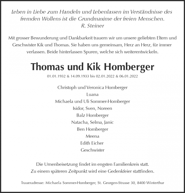 Todesanzeige von Thomas und Kik Homberger, Hombrechtikon