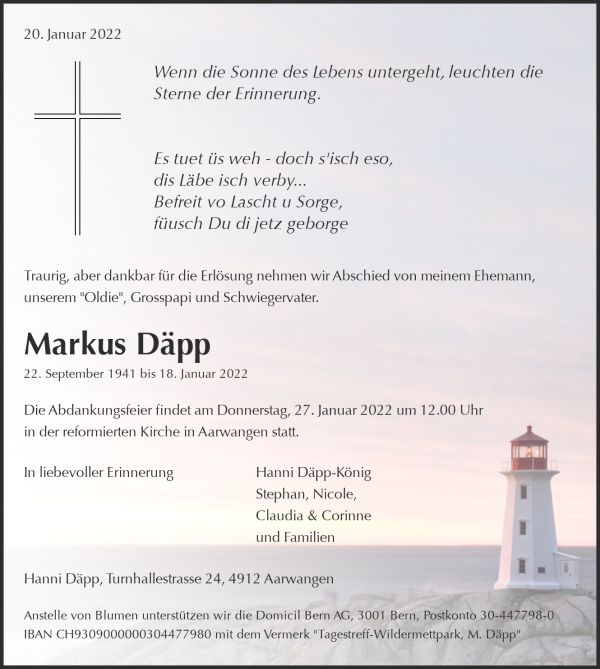 Todesanzeige von Markus Däpp, Aarwangen