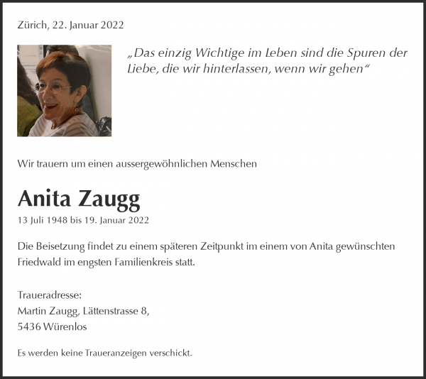 Avis de décès de Anita Zaugg, Zürich