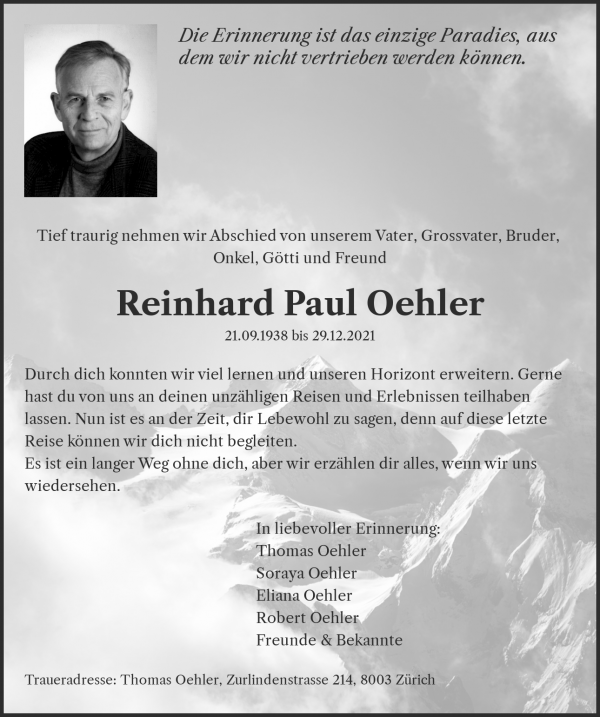 Necrologio Reinhard Paul Oehler, Rüschlikon