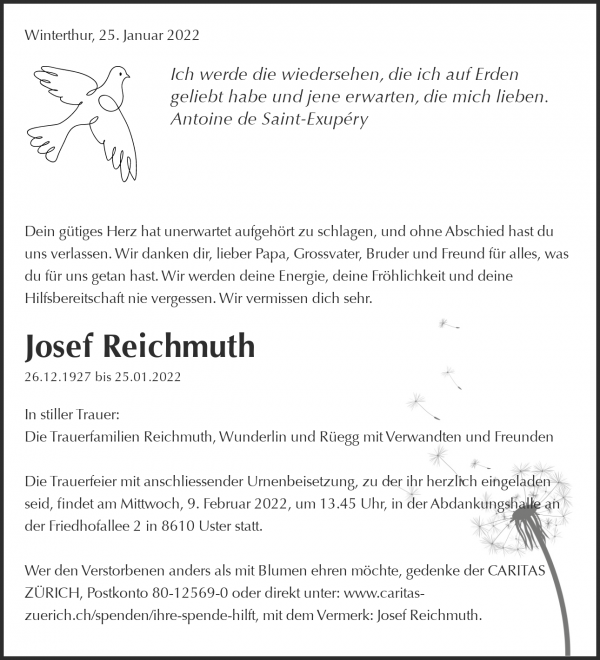 Avis de décès de Josef Reichmuth, Winterhur