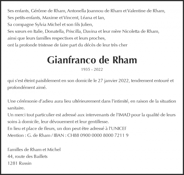 Todesanzeige von Gianfranco de Rham, Russin