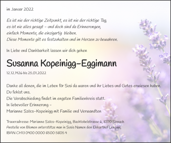 Obituary Susanna Kopeinigg-Eggimann, Sirnach