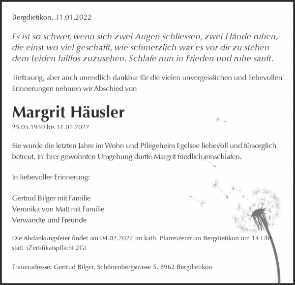 Avis de décès de Margrit Häusler, Bergdietikon