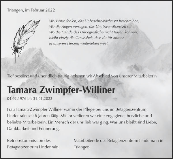 Avis de décès de Tamara Zwimpfer- Williner, Triengen