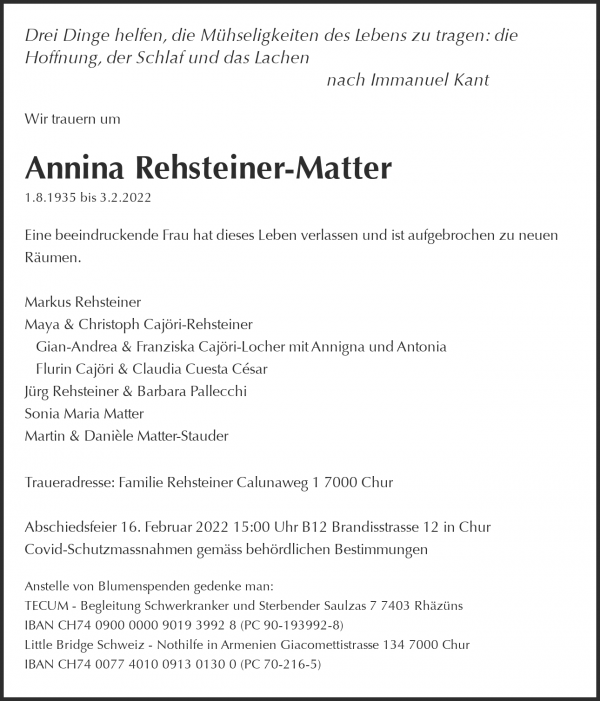 Avis de décès de Annina Rehsteiner-Matter, Chur