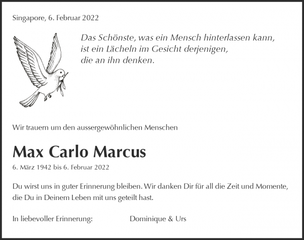 Avis de décès de Max Carlo Marcus, Zürich