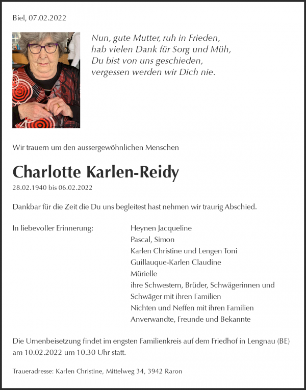 Todesanzeige von Charlotte Karlen-Reidy, Pieterlen
