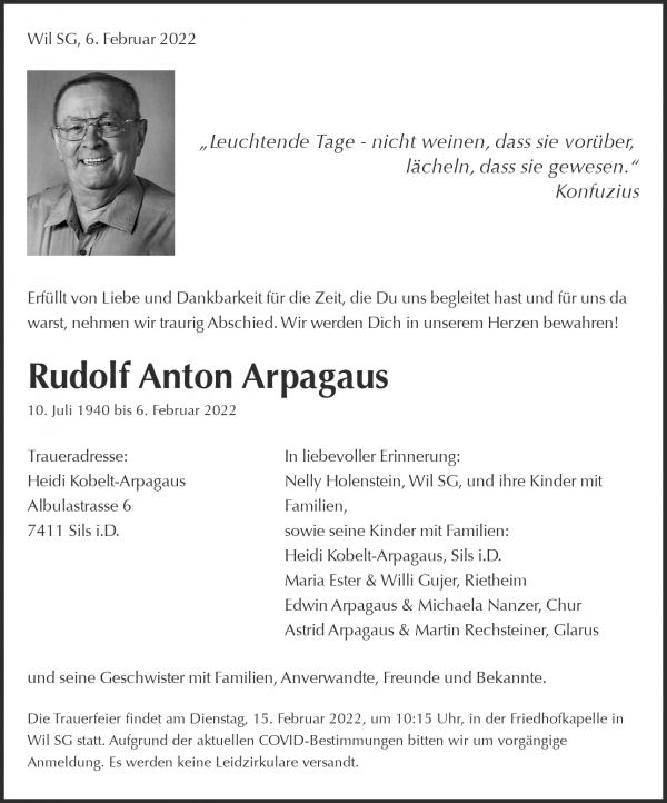 Avis de décès de Rudolf Anton Arpagaus, Wil