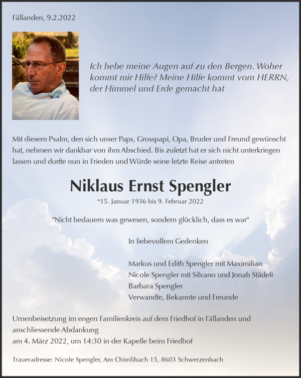 Todesanzeige von Niklaus Ernst Spengler, Fällanden