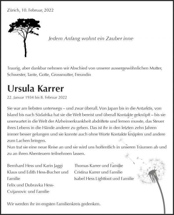 Avis de décès de Ursula Karrer, Forch