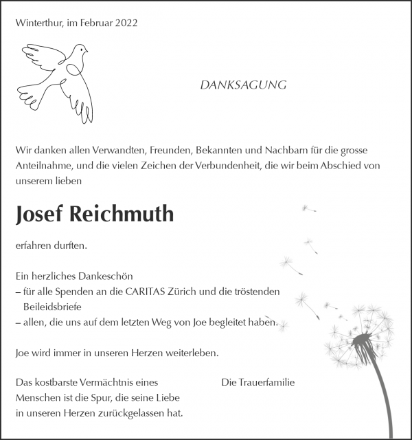 Avis de décès de Josef Reichmuth, Winterthur