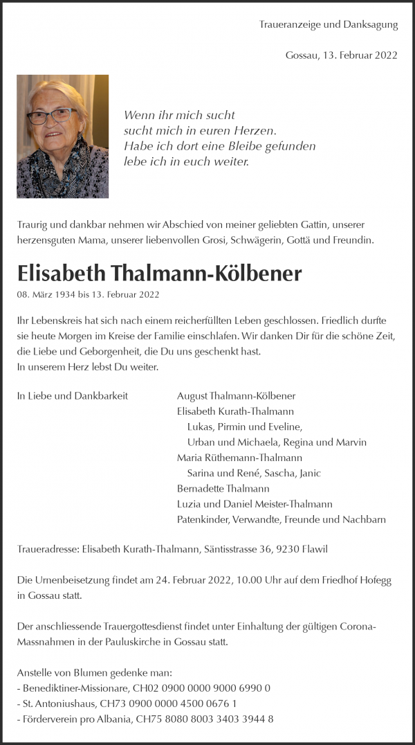 Necrologio Elisabeth Thalmann-Kölbener, Gossau