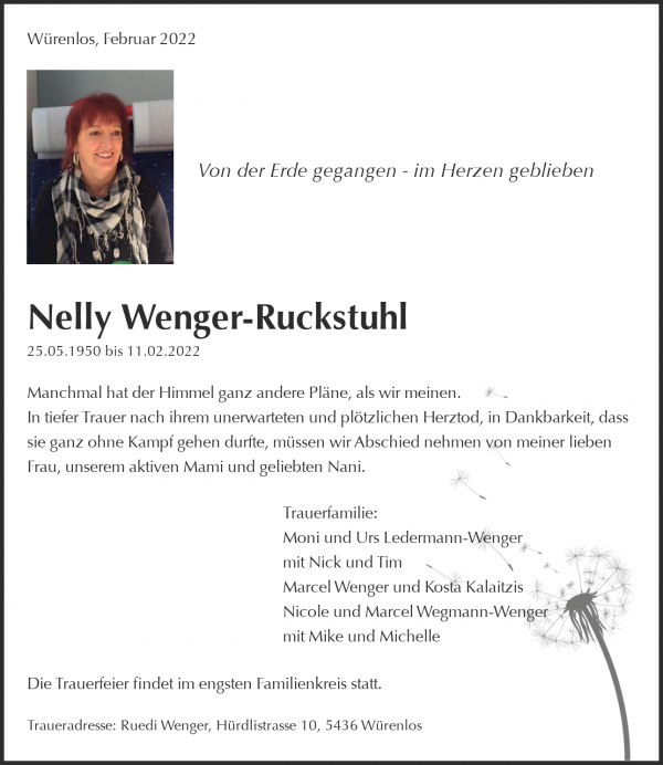 Avis de décès de Nelly Wenger-Ruckstuhl, Würenlos