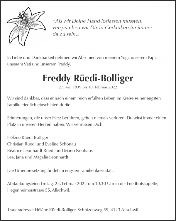 Avis de décès de Freddy Rüedi-Bolliger, Allschwil