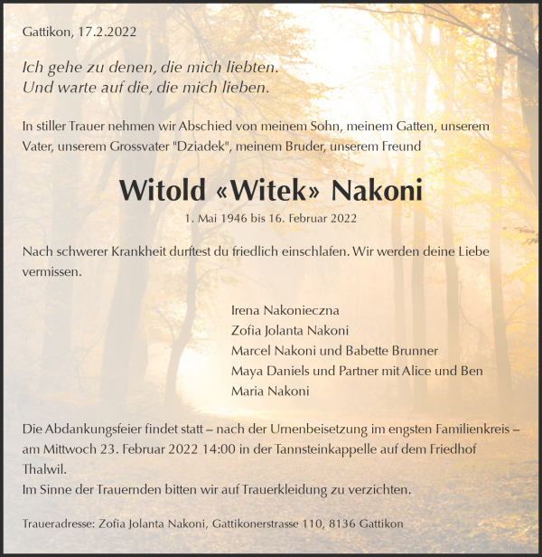 Avis de décès de Witold «Witek» Nakoni, Gattikon