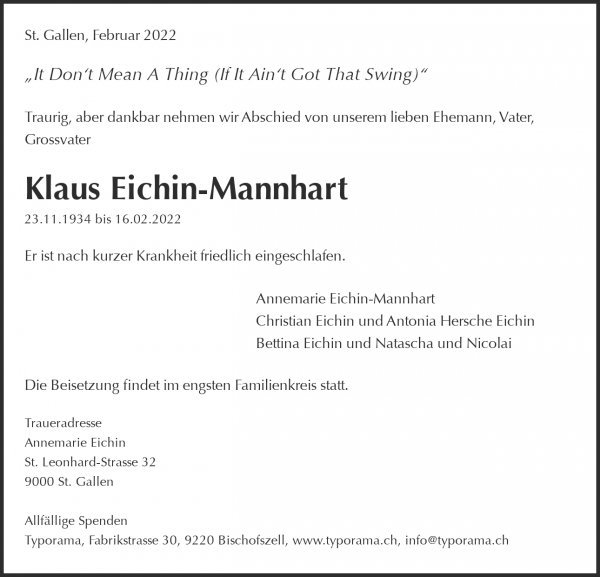 Obituary Klaus Eichin-Mannhart, St. Gallen