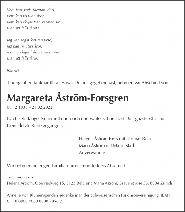 Avis de décès de Margareta Åström-Forsgren, Zürich
