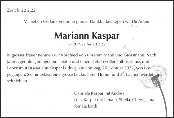 Avis de décès de Mariann Kaspar, Olten