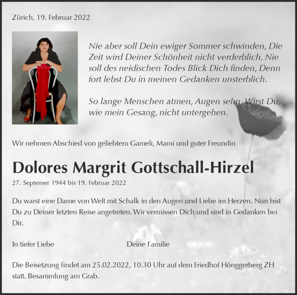Avis de décès de Dolores Margrit Gottschall-Hirzel, Zürich