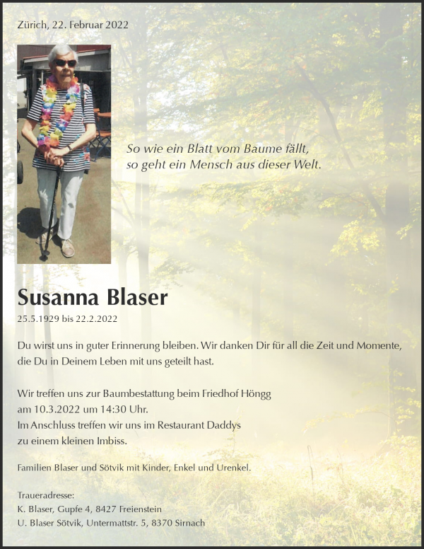 Avis de décès de Susanna Blaser, Zürich