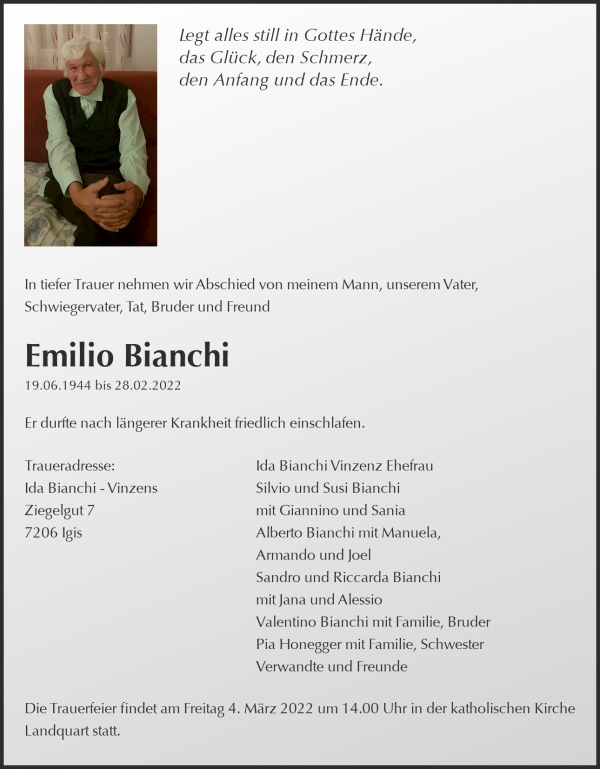 Obituary Emilio Bianchi, Igis