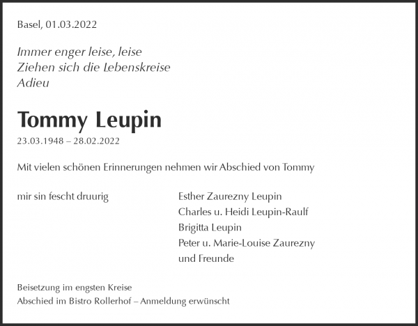 Avis de décès de Tommy Leupin, Basel