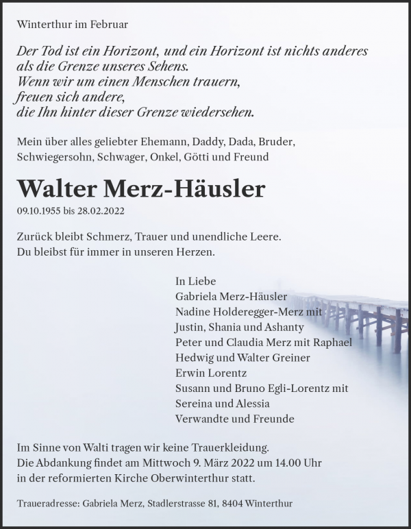 Necrologio Walter Merz-Häusler, Winterthur