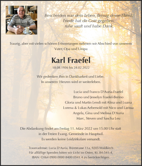 Avis de décès de Karl Fraefel, Bernhardzell